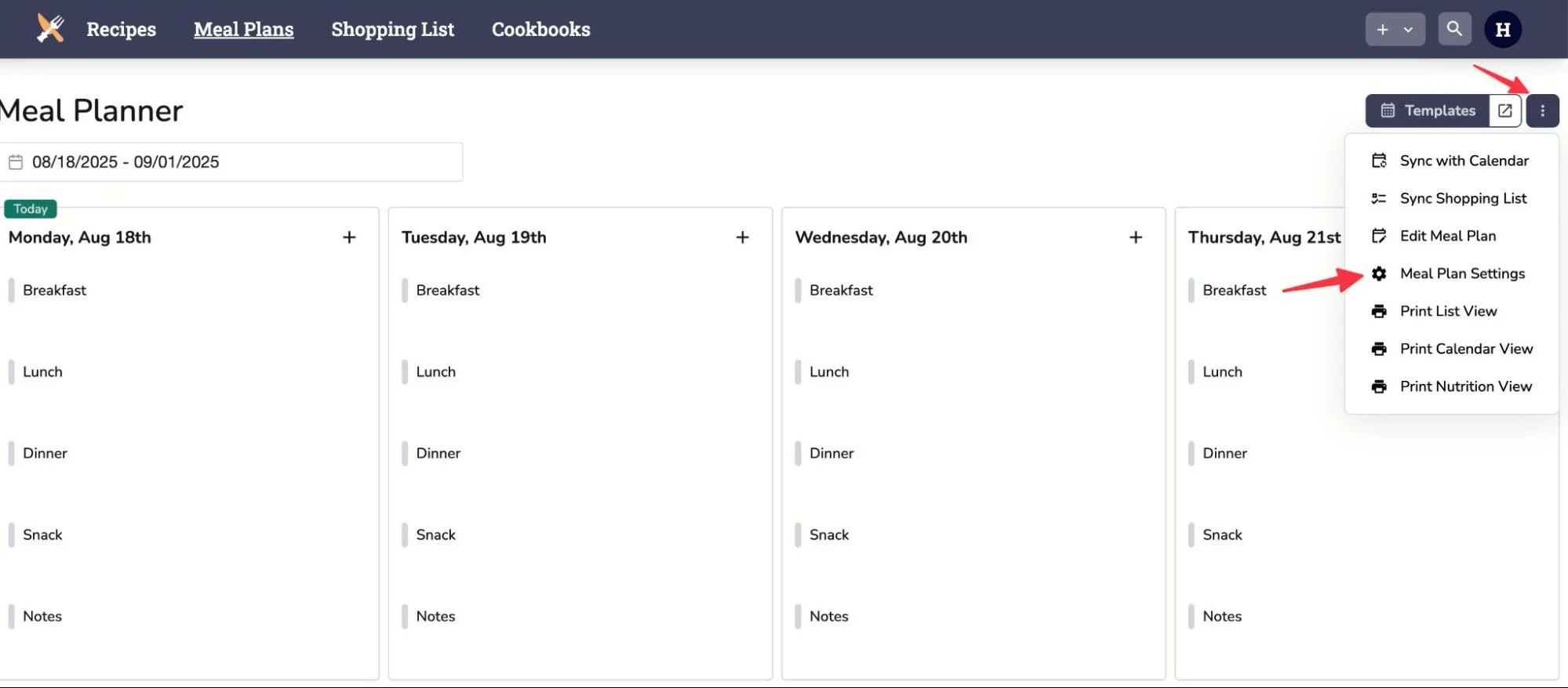 Meal Plan Settings Menu