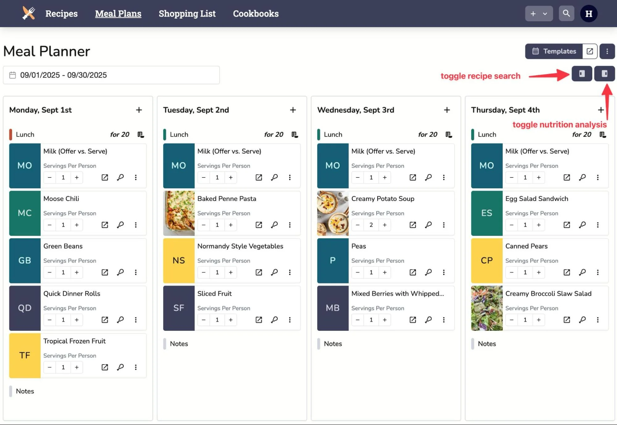 Search and Nutrition Panels