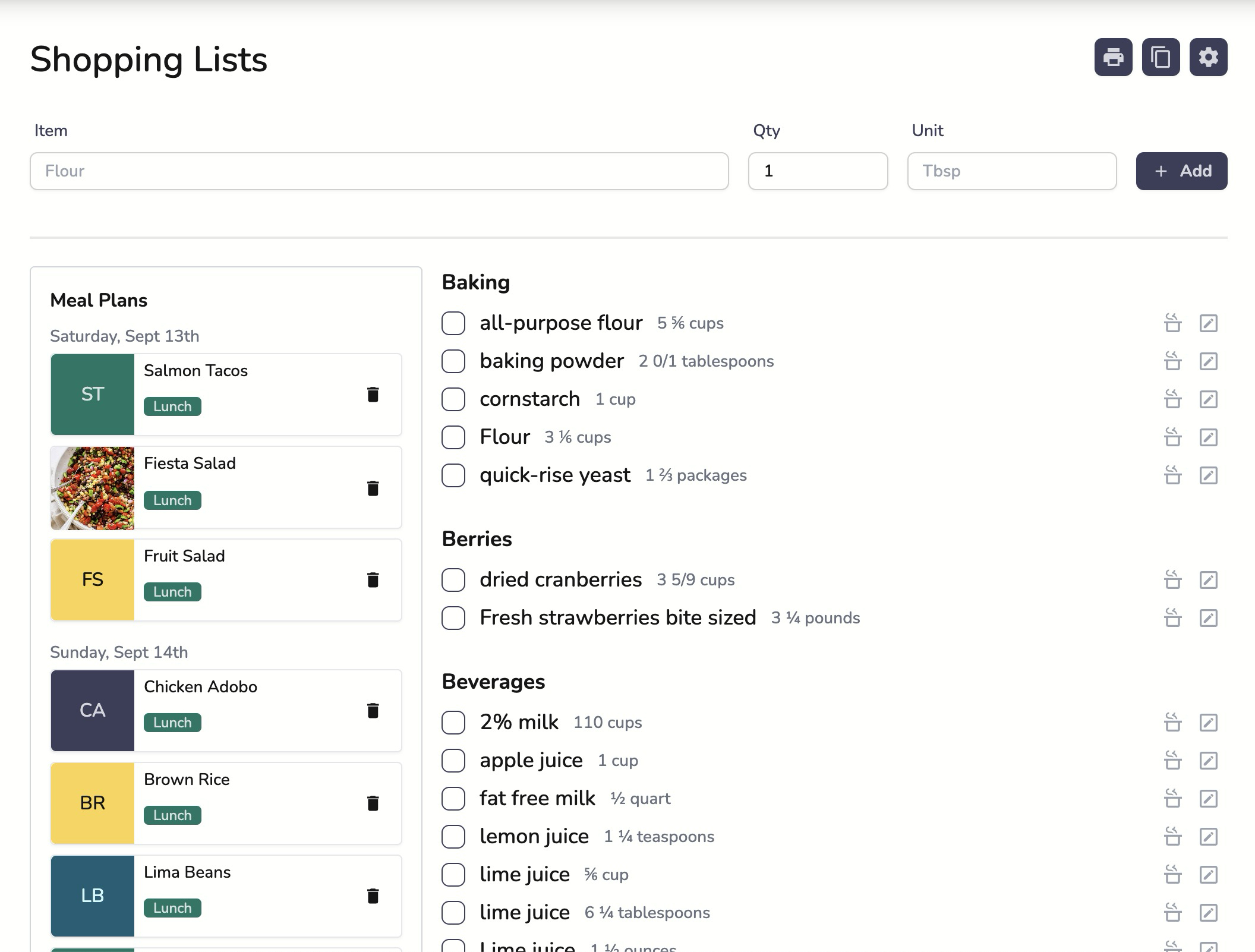 Smart Shopping Lists Interface showing organized grocery lists